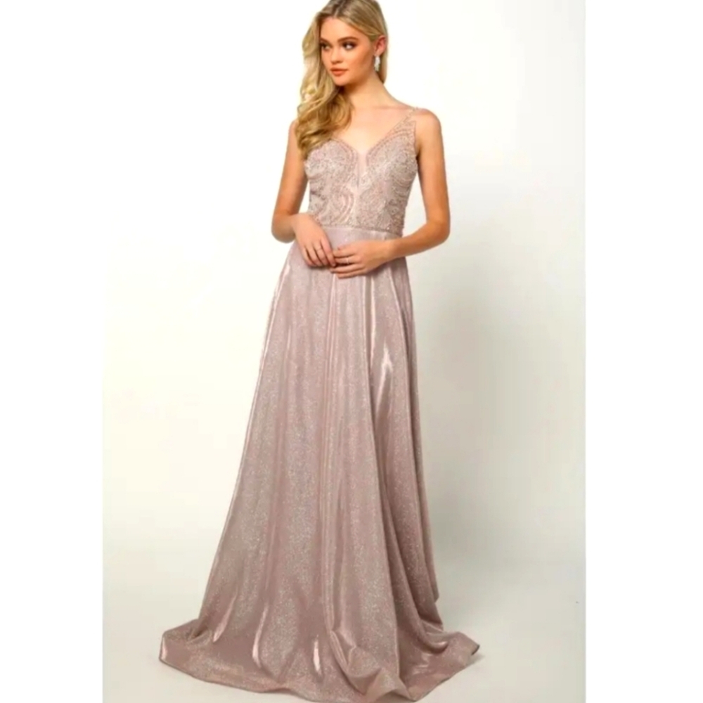 NWT Rose Gold Beaded V Neck Formal Evening Ball Prom Dress Medium